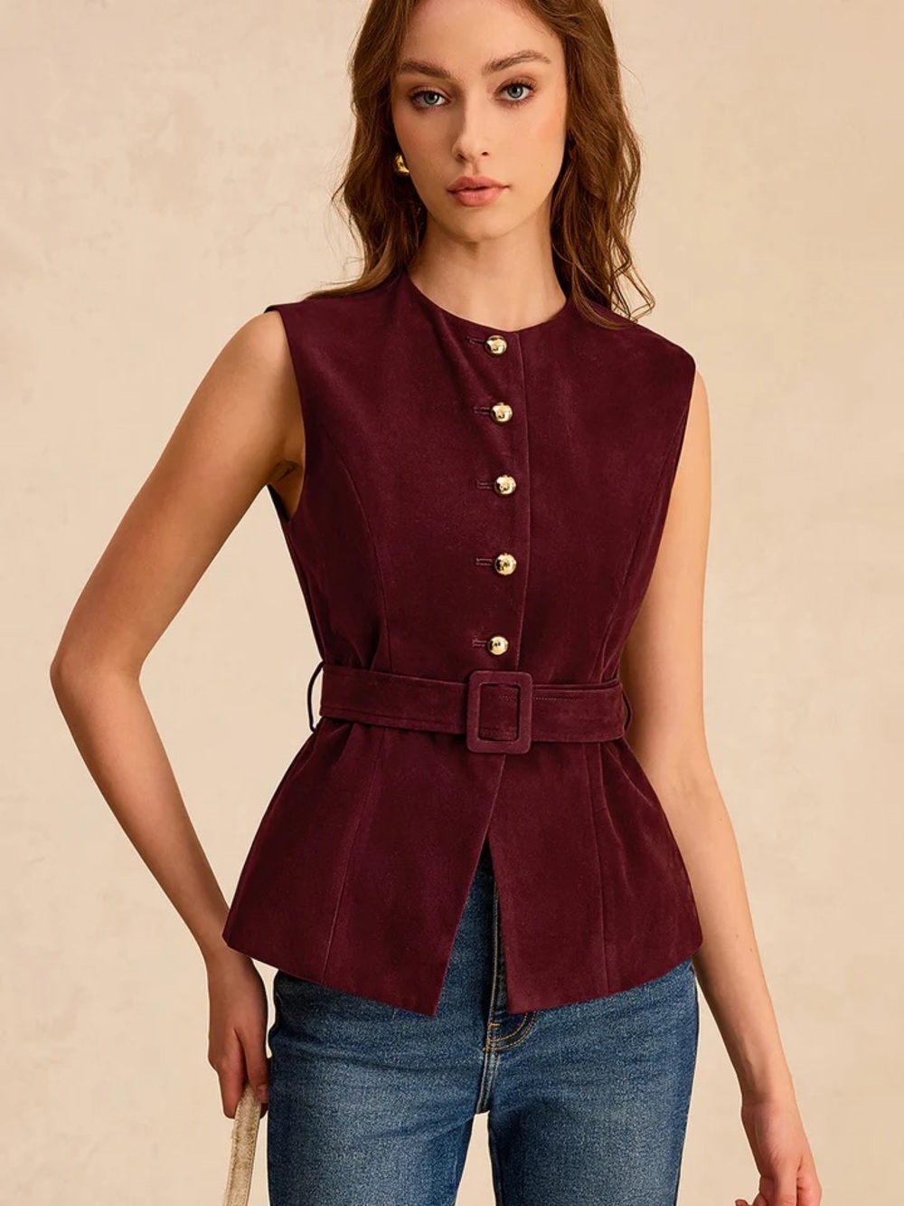 CoMMENSE Suede Effect Vest with Belt
SPU: OA250623029 Size Large NWT color Red